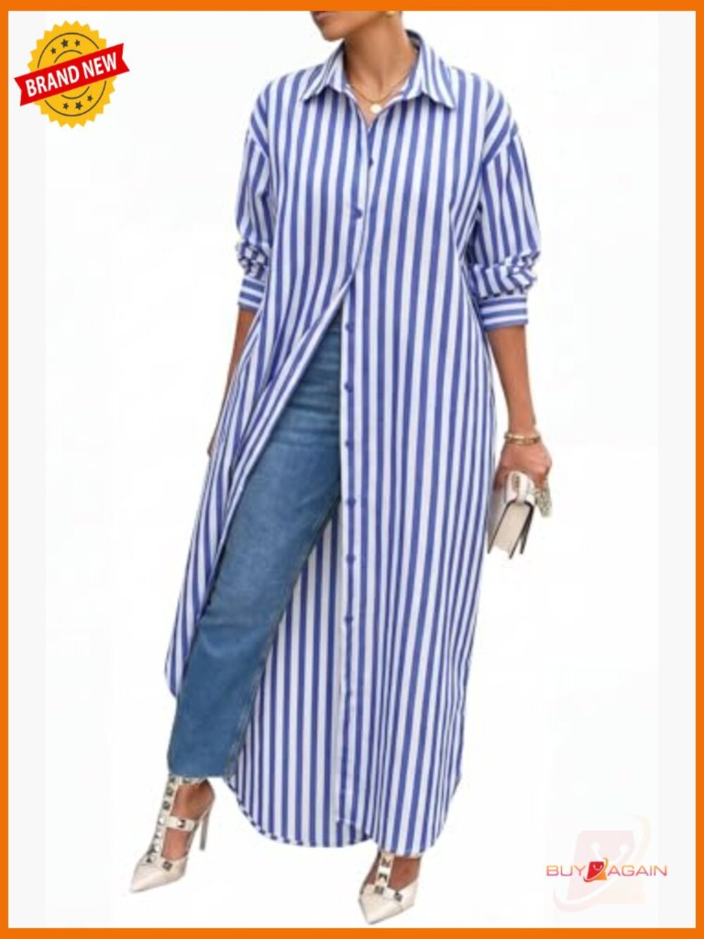 Cotton Striped Button Down Maxi Dress with Pockets - Picture 2 of 7
